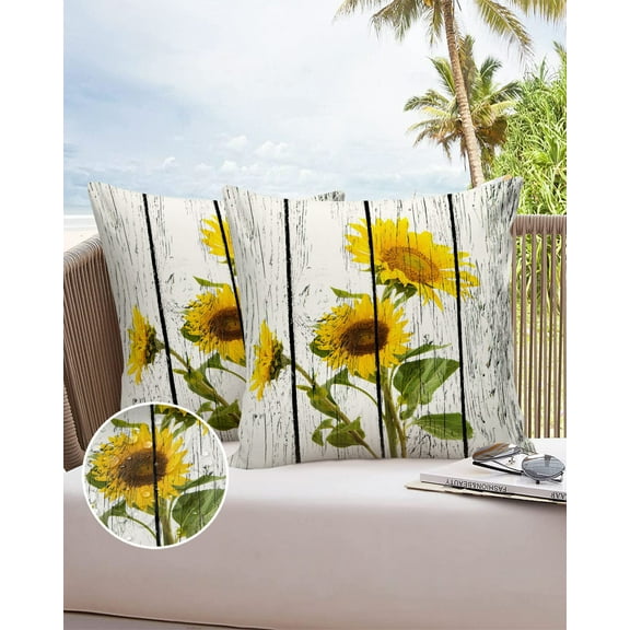 Outdoor Throw Pillow Cover Watercolor Blossoming Sunflowers Waterproof Cushion Covers 2 Pack Vintage Rustic Wooden Plank Pillow Cases Home Decoration for Patio Garden Couch Sofa