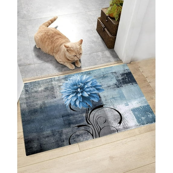 Watercolor Blossoms Dahlia Flower Indoor Doormat,Comfy Shaggy Mats for Bathroom Abstract Oil Painting Plush Floor Rugs Cozy Shag Doormat Carpets Indoor Entrance Decor Blue Grey