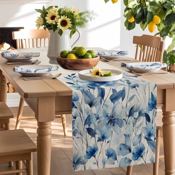 Watercolor Blue Blossom Flower on Retro Table Runner-90 Inch Long Botanical Leaves Table Runners Linen Burlap Tablerunner for Kitchen Dining Room Holiday Party