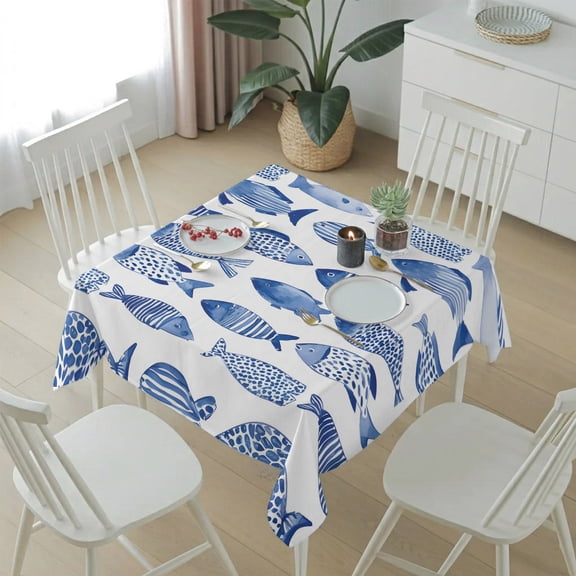 Watercolor Blue Coastal Fish Table Cloth 54x54in, Waterproof Square Tablecloth Wipeable Tablecloths Summer Ocean Theme on White Table Covers for Dining Tables Party Indoor Outdoor