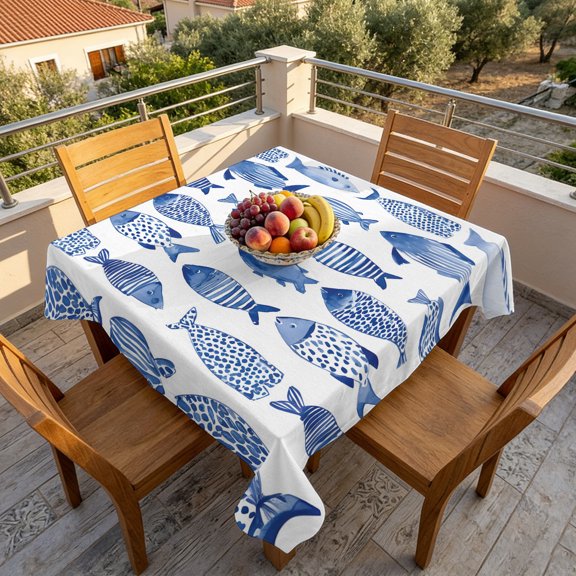 Watercolor Blue Coastal Fish Table Cloth 60x60in, Waterproof Square Tablecloth Wipeable Tablecloths Summer Ocean Theme on White Table Covers for Dining Tables Party Indoor Outdoor