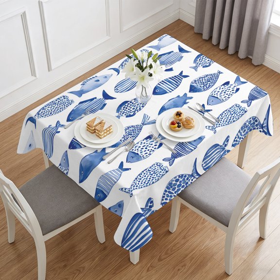 Watercolor Blue Coastal Fish Table Cloth 60x84in, Waterproof Rectangle Tablecloth Wipeable Tablecloths Summer Ocean Theme on White Table Covers for Dining Tables Party Indoor Outdoor