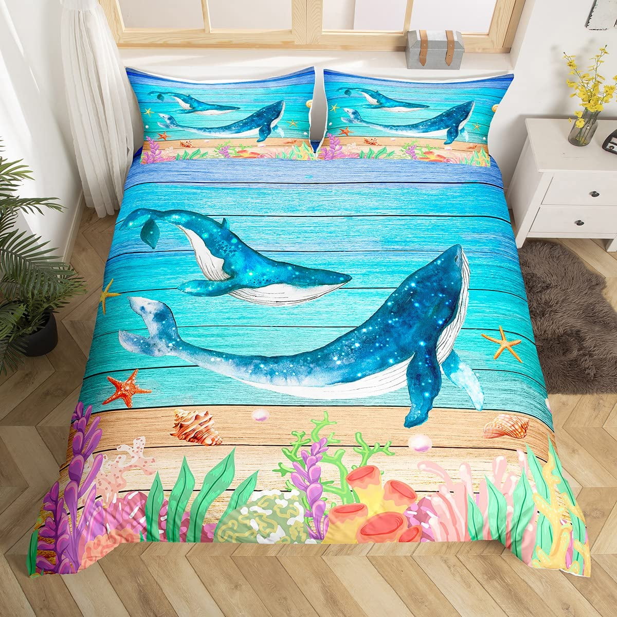 Watercolor Blue Conch Duvet Cover Ocean Themed Bedding Set Sea Creatures Comforter Cover Coastal