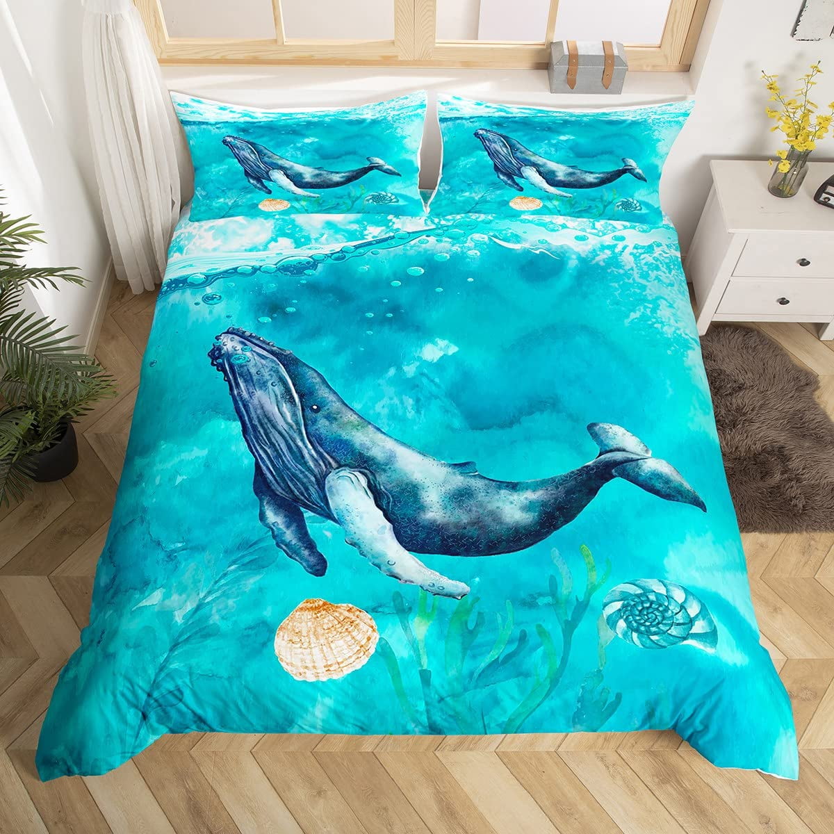 Watercolor Blue Conch Duvet Cover Ocean Themed Bedding Set Sea Creatures Comforter Cover Coastal