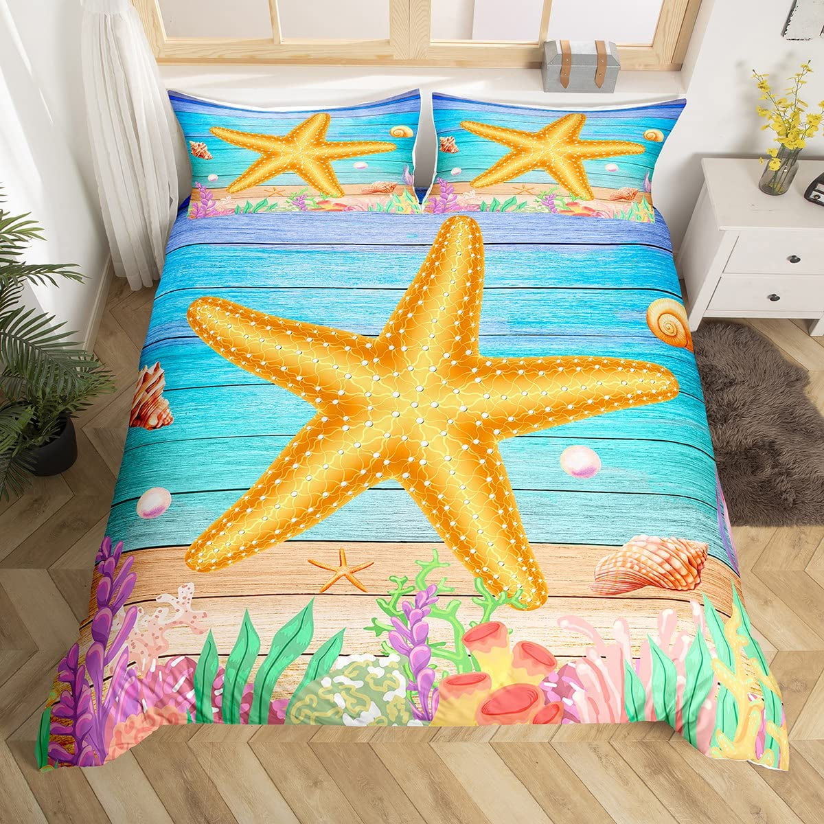 Watercolor Blue Conch Duvet Cover Ocean Themed Bedding Set Sea Creatures Comforter Cover Coastal