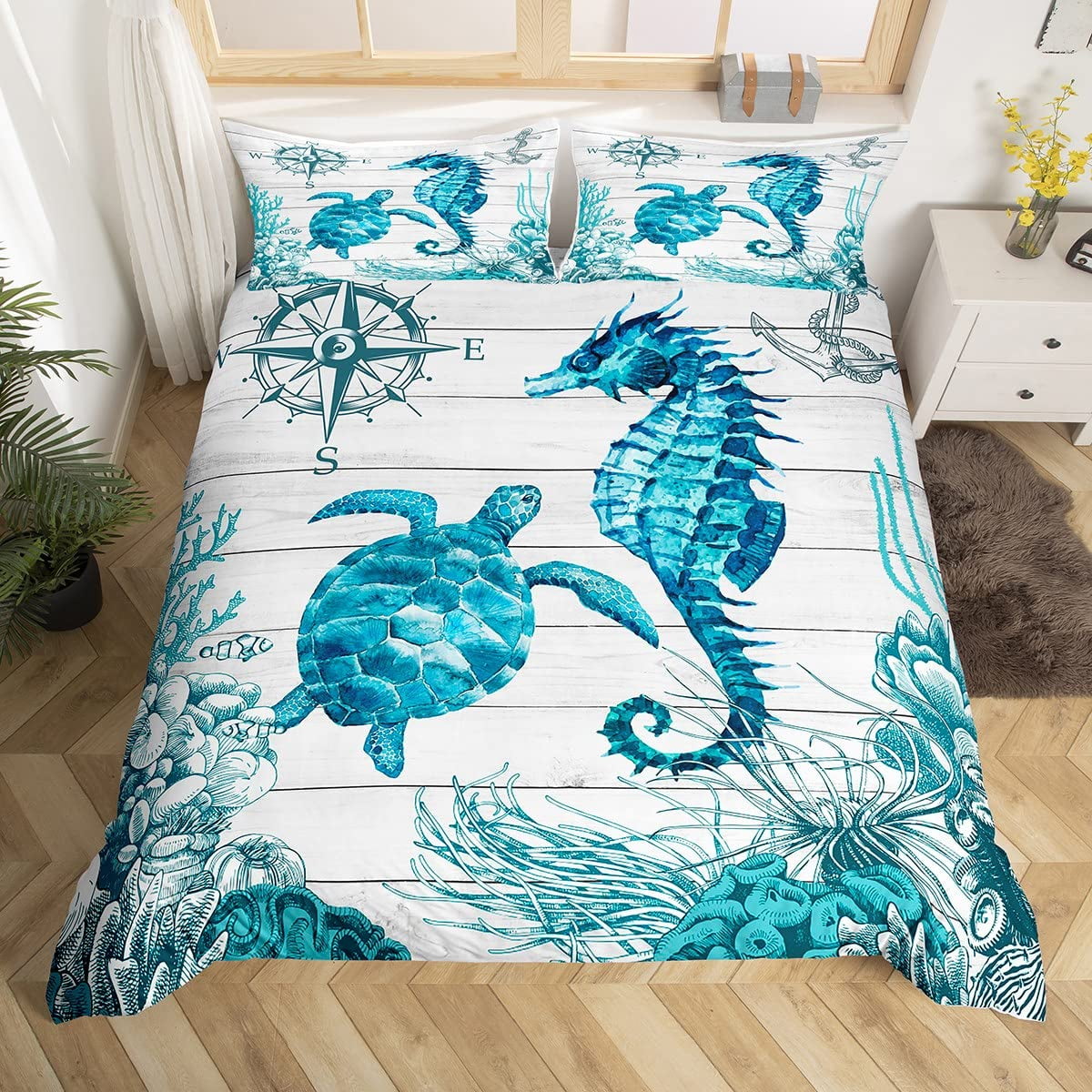 Watercolor Blue Conch Duvet Cover Ocean Themed Bedding Set Sea 