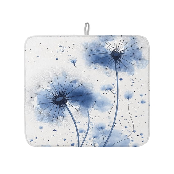 Watercolor Blue Dandelion Dish Drying Mats for Kitchen Counter,Absorbent Microfiber Dish Drainer Rack Mat Modern Country Botanical Drying Pad for Sinks,Utensils,Countertops,16x18in
