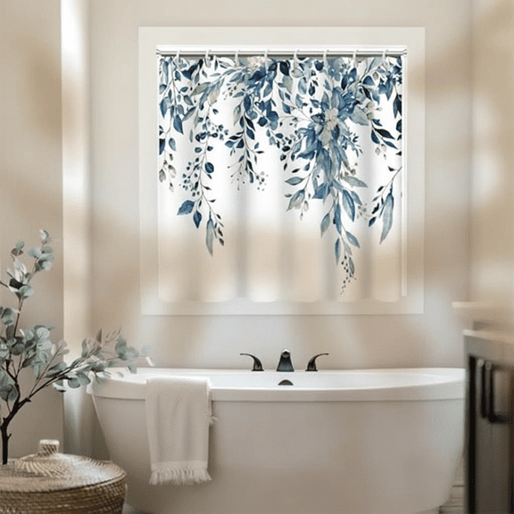 Watercolor Blue Eucalyptus Small Short Waterproof Bathroom Shower Window Curtain with Hooks, 40x36 Inch, Moisture Resistant Fabric for Bath and Shower