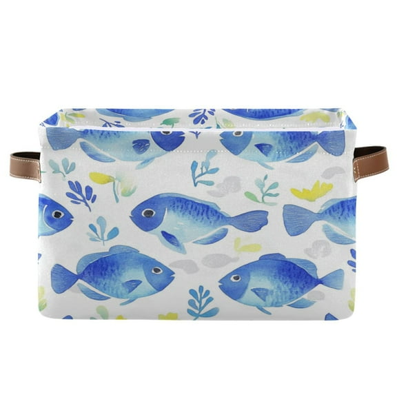 Watercolor Blue Fish Foldable Storage Basket,Canvas Fabric Foldable Storage Bins with Handles Open Home Storage Bins Boxes for Toy Book Shelf Closet Baskets