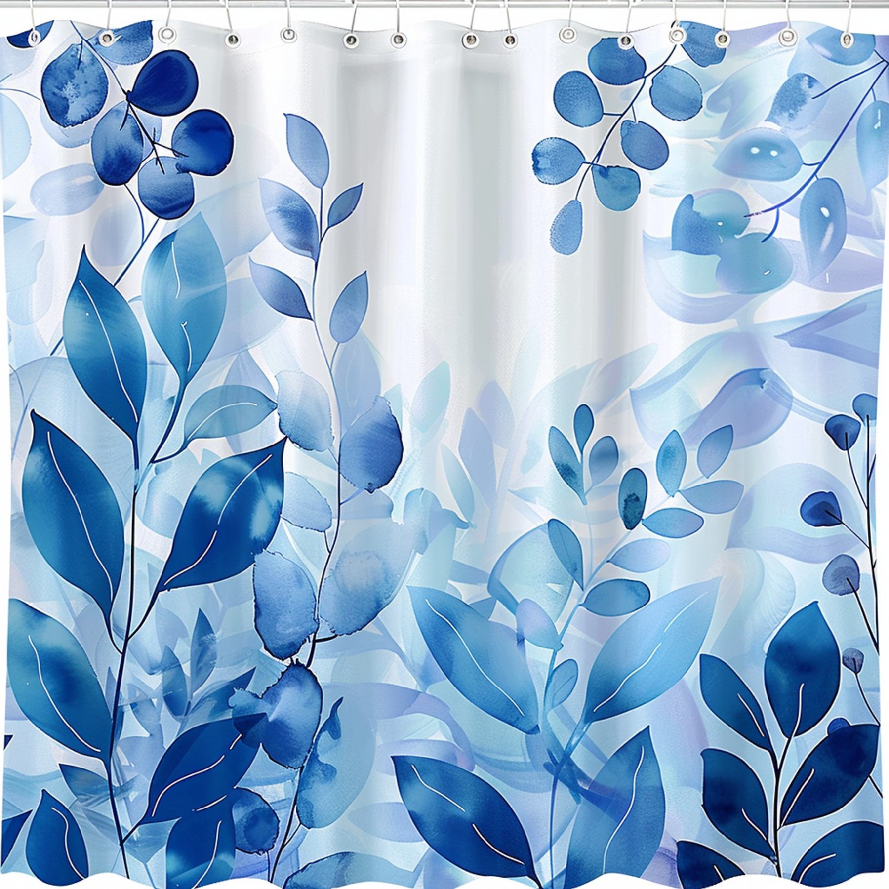 Watercolor Blue Floral Bathroom Curtain Serene Nature Theme Soft