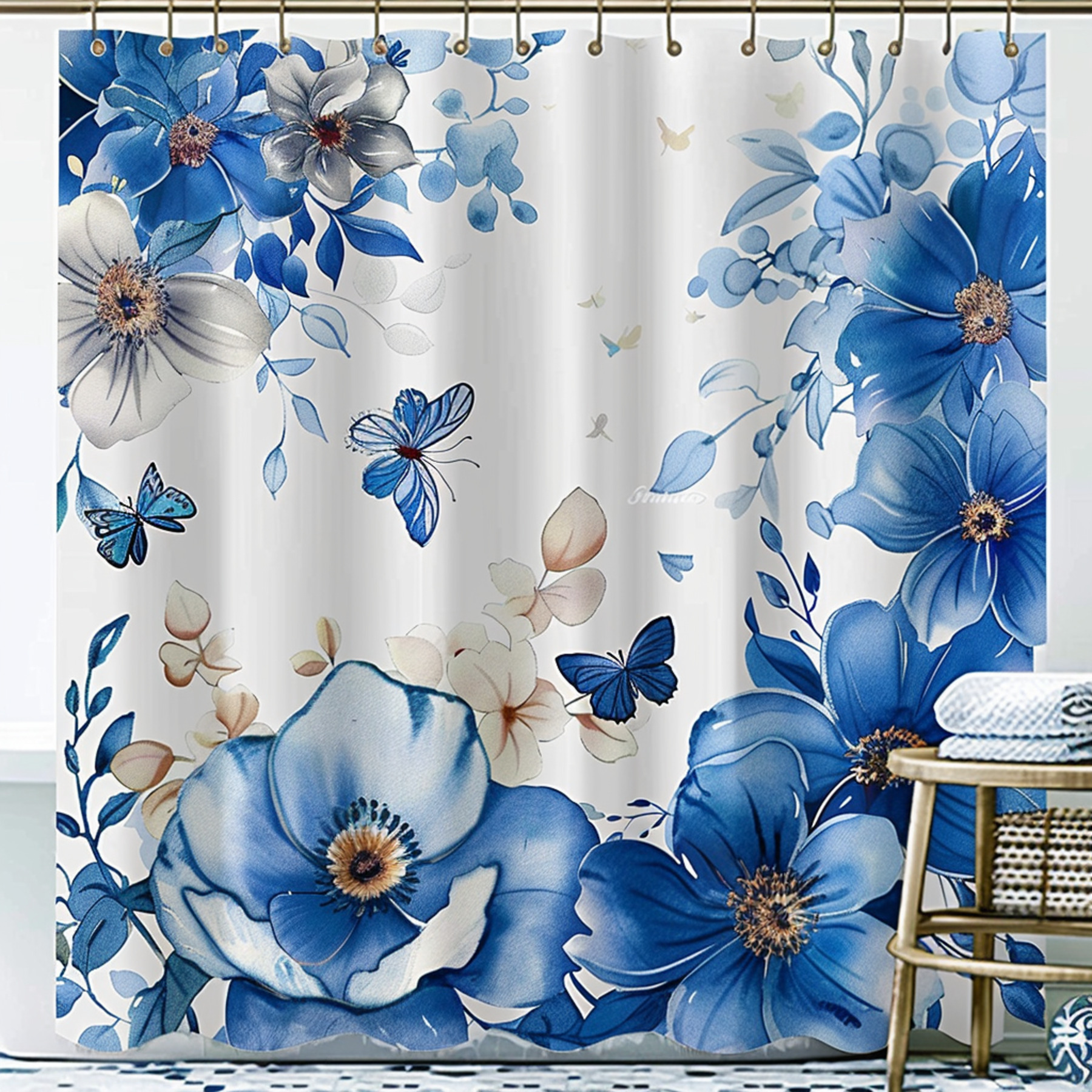 Watercolor Blue Floral Bathroom Curtain Set Elegant Butterfly and ...