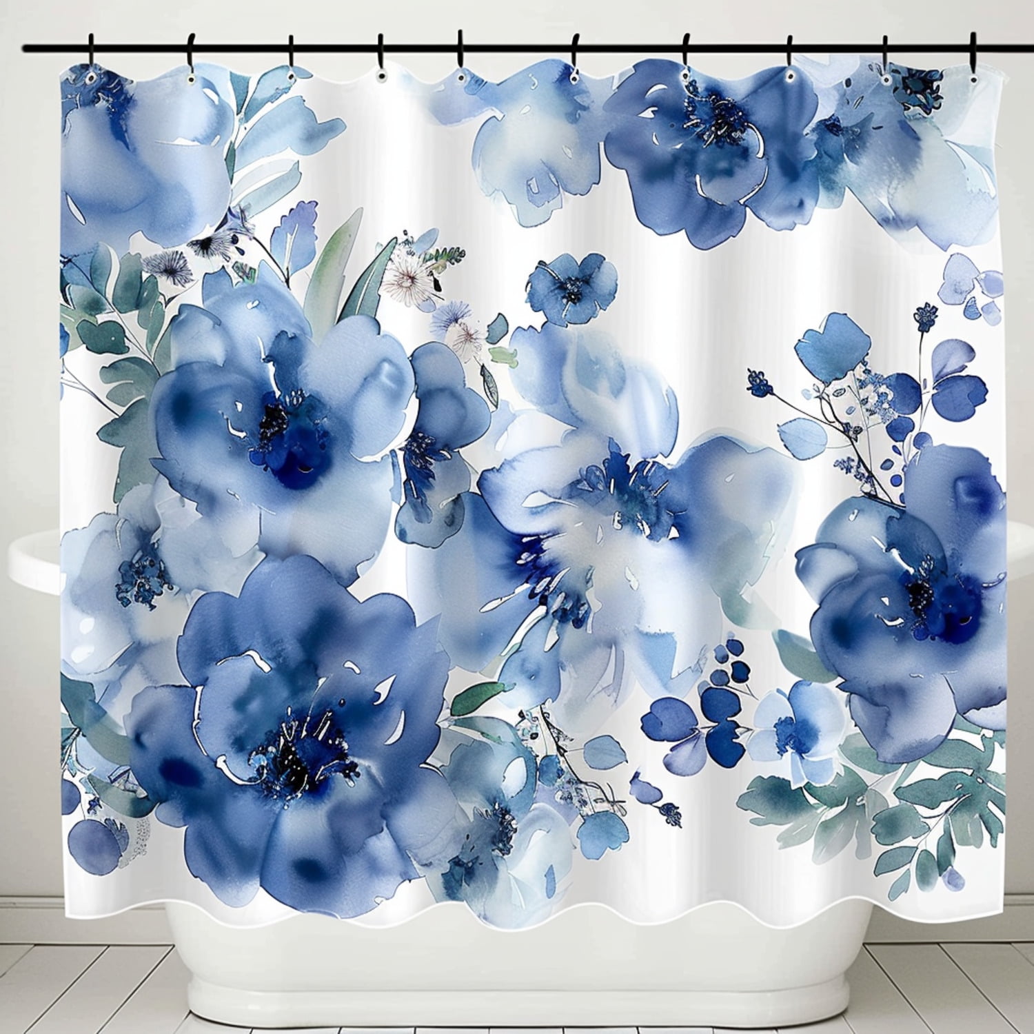 Watercolor Blue Floral Bathroom Set Shower Curtain Boho Style Decor