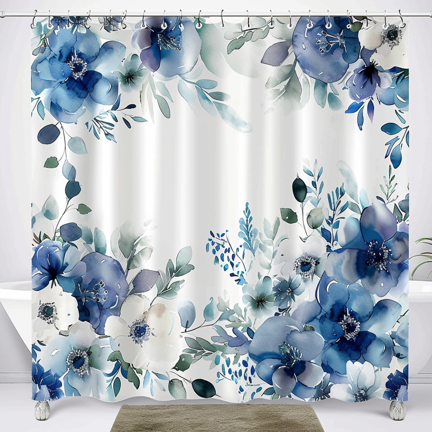 Watercolor Blue Floral Bathroom Set Transparent Plastic Accessories