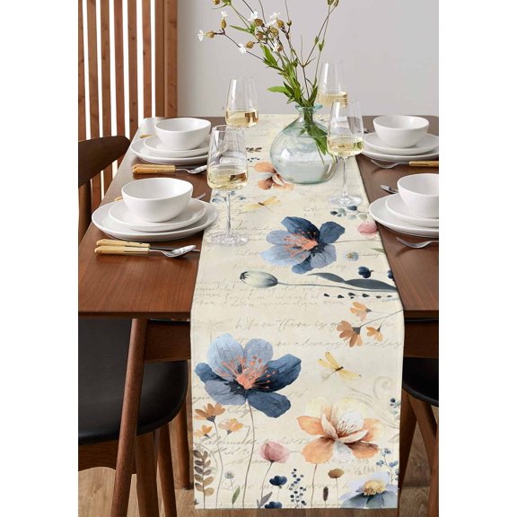 Watercolor Blue Floral Dragonfly on Retro Table Runner 13x72in Non-Slip Cotton Linen Table Runners, Farm Wildflowers Dresser Scarves TableRunner for Dinner Kitchen Dining Wedding Party