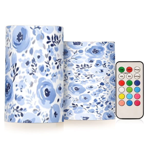 Watercolor Blue Floral Flickering Flameless Candles Battery Operated with Remote Timer LED Pillar Candles Set of 2