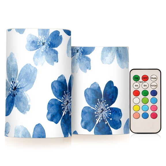 Watercolor Blue Floral Flickering Flameless Candles LED Tealight Battery Operated with Remote Set of 2 Holiday Decor Ornaments
