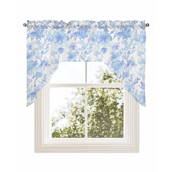 Watercolor Blue Floral Kitchen Swag Valance for Window, Rod Pocket Short Kitchen Curtains&nbsp;36 Inch Length, Blue Ombre Botanical Summer Swag Topper Small Window Treatment for Cafe Bathroom Bedroom