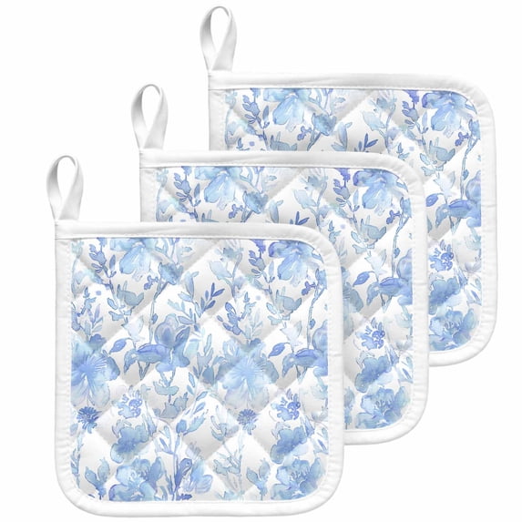 Watercolor Blue Floral Pot Holders for Kitchen Heatproof Potholder, 3 Pack Blue Ombre Botanical Summer Hot Pads Multipurpose Oven Pads Cloth Potholders Trivet for Cooking Baking