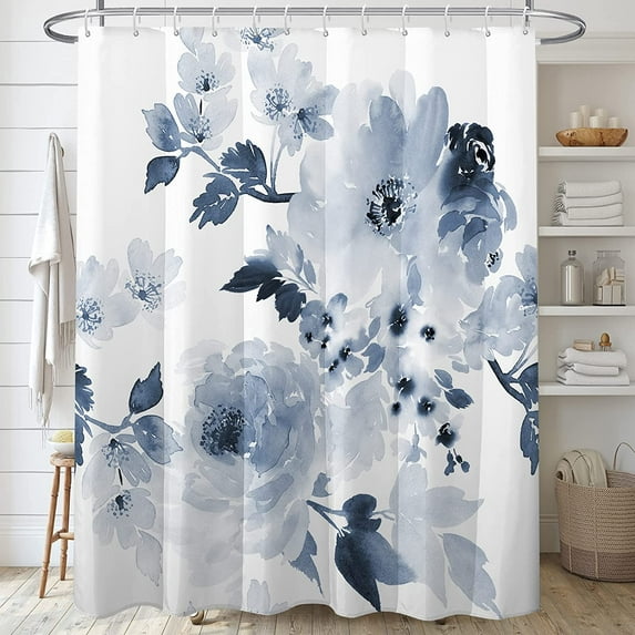 Watercolor Blue Floral Shower Curtain Sets,Navy and White Flowers Bathroom Curtains,Modern Minimalist Art Bath Curtain,Waterproof Fabric with 12 Hooks 72x72 Inches