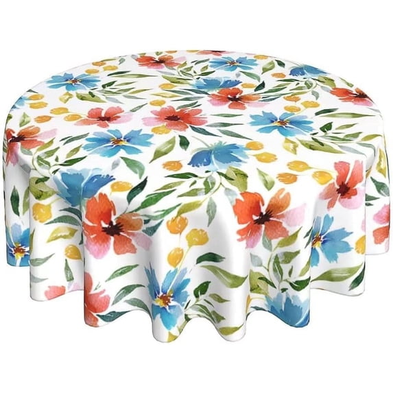 Watercolor Blue Floral Tablecloth 60 Inch Round Spring Summer Flower Table Cloth Washable Polyester Table Cove For Picnic Camping Holiday Dining Room Kitchen Decor Indoor Outdoor Party Decoration