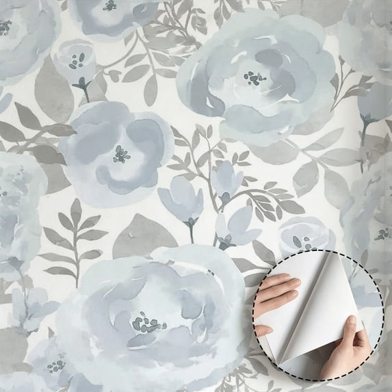 Watercolor Blue Floral Wallpaper, Modern Minimalist Aesthetic Peel and Stick Wallpaper, Waterproof Wall Decoration for Living Room, Bedroom, Kitchen Cabinet, Shelf, 17.7 * 118 in