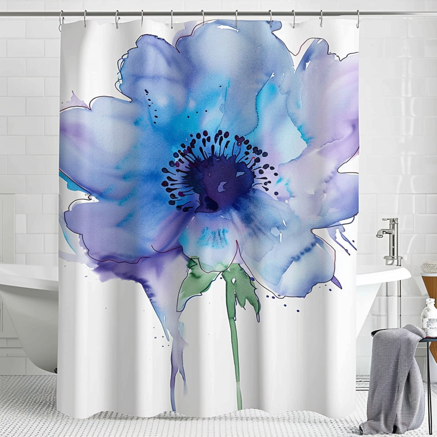 Watercolor Blue Flower Bathroom Decor with Purple and Green Accents