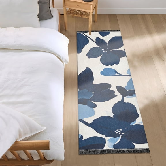 Watercolor Blue Flower Bedroom Runner Rug 2'x 6' Non Slip Carpet Indoor Home Area Rug Living Room