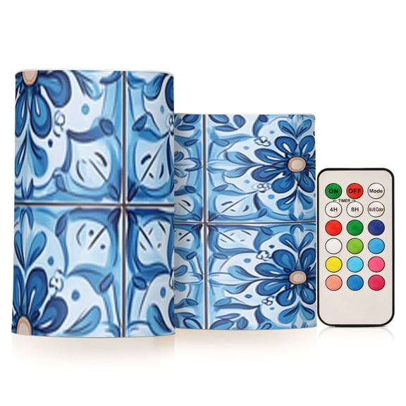Watercolor Blue Flower Pattern Flickering Flameless Candles Battery Operated with Remote Timer LED Pillar Candles Set of 2