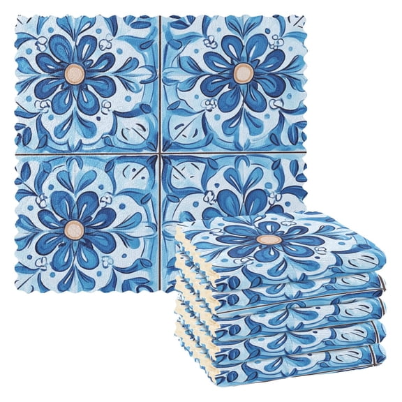 Watercolor Blue Flower Pattern Kitchen Cloth Dish Towels for Drying Washing Absorbent Dish Rags 6 Pack