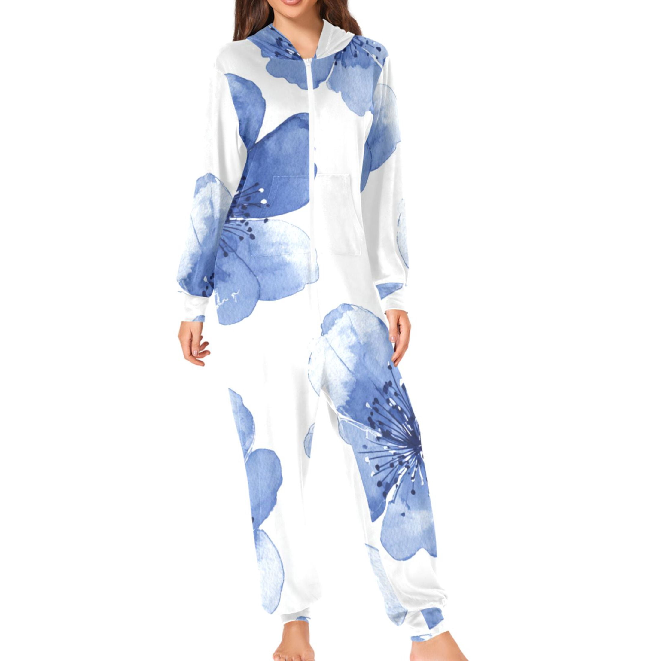Watercolor Blue Flower Petals Adult's Hoodie Onesie Jumpsuit One-Piece Pajamas with Zipper Unisex for Holiday M