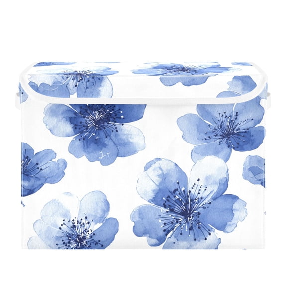 Watercolor Blue Flower Petals Foldable Storage Bins with Lids Handles Collapsible Storage Containers Tote Boxes 16.5 x 12.6 x 11.8 inches