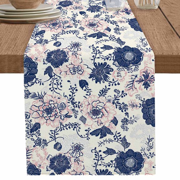 Watercolor Blue Flower on Retro Table Runner-70 Inch Long Abstract Floral Leaves Table Runners Linen Burlap Tablerunner for Kitchen Dining Room Holiday Party
