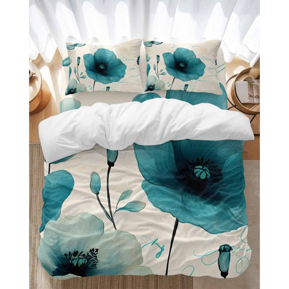 Watercolor Blue Flowers Bedding Duvet Cover Set Full Size 4 Pieces Butterfly Leaf Retro Pastoral Style Bedding Set with Zipper Closure, 1 Comforter Cover 86x86 Inches 1 Flat Sheet & 2 Pillow Cases