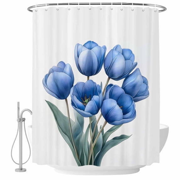 Watercolor Blue Flowers Fabric Shower Curtain Leaf Plant Washable Shower Curtains for Bathroom, Waterproof Bath Curtain with Hooks Home Decor 72x84in