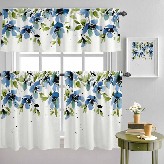 Watercolor Blue Flowers Green Leaves Curtain Tier and Valance Set 3 Piece, Spring Botantical 3-inch Rod Pocket Window Tier Curtains Valance for Kitchen Living Room