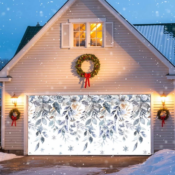 Watercolor Blue Garage Door Banner Covers, Eucalyptus Leaf Winter Snowflakes Floral Large Hanging Indoor/Outdoor Backdrop Background for Christmas Winter Party Decor, 6.9x8 FT
