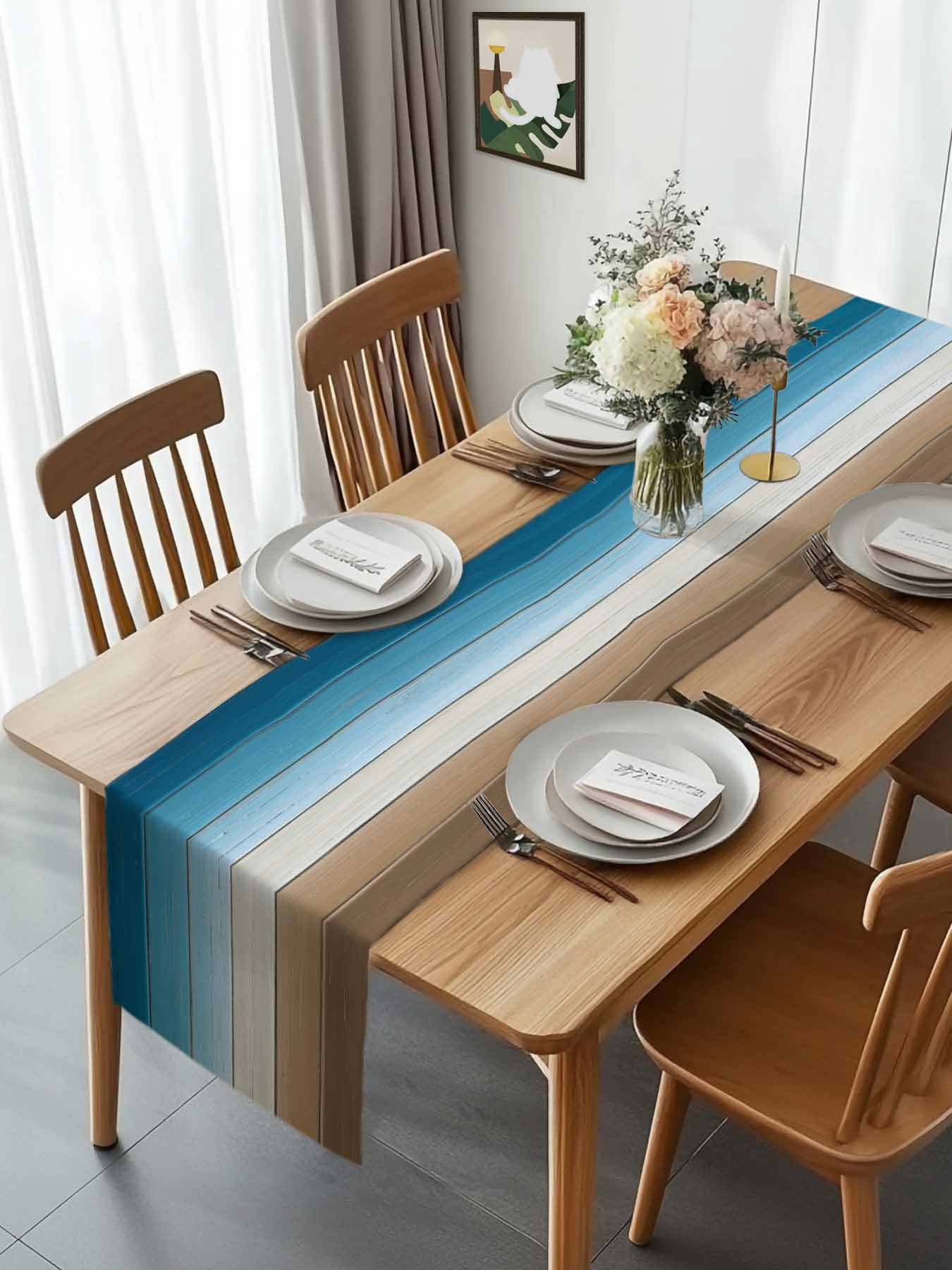 Watercolor Blue Gradient Wood Board Table Runner 90 Inches Long, Farm Brown Wooden Table Runners Tabletop Scarf Kitchen Dining Tables Decoration for Home Party Indoor Outdoor