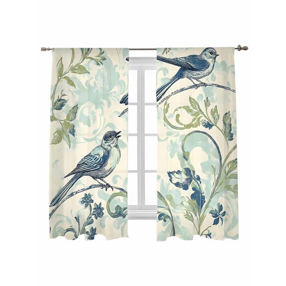 Watercolor Blue Green Bird Sheer Curtains 2 Panels Set Leaf Green Brach Vintage Lihgt Filtering Rod Pocket Voile Drape, Semi Sheer Window Curtains for Bedroom Living Room, 52"x63"