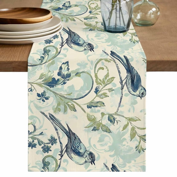 Watercolor Blue Green Bird Table Runner, Leaf Green Brach Vintage Cotton Linen Kitchen Table Decoration Washable Dining Tabletop Runners for Home Party Decor 13x36 Inches