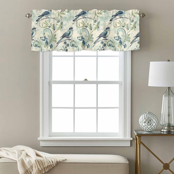 Watercolor Blue Green Bird Window Valance for Kitchen, Leaf Green Brach Vintage Rod Pocket Short Curtain for Small Windows, Light Filtering Decorative Valance, 54 x 18 Inch, 1 Panel
