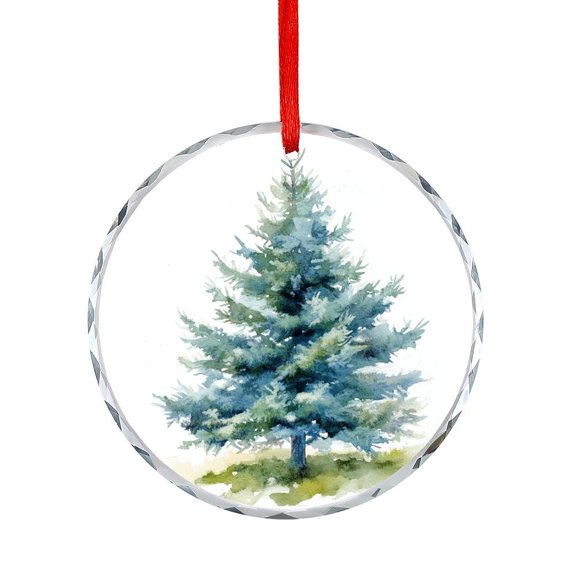 Watercolor Blue Green Christmas Tree Ornament Green Pine Tree Round Glass Christmas Ornaments Hanging Craft Collectibles for Xmas Trees Home Party Gifts