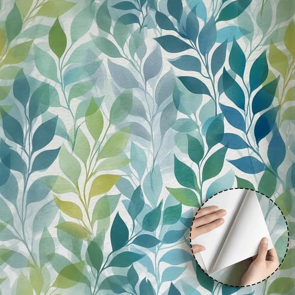 Watercolor Blue Green Leaf Wallpaper Modern Boho Minimalist Aesthetic Self Adhesive and Removable Waterproof Home Decor for Living Room Bedroom Kitchen Cabinet Drawer Dorm Room 17.7 * 118 in