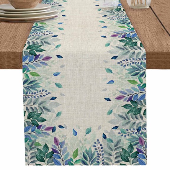 Watercolor Blue Green Leaves on Linen Table Runner-36 Inch Long Summer Botanical Table Runners Linen Burlap Tablerunner for Kitchen Dining Room Holiday Party