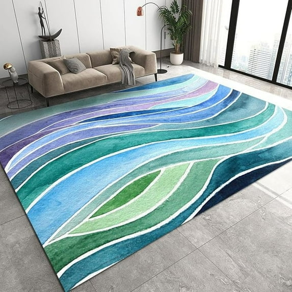 Nordic Simple Area Rugs, Watercolor Blue Green Purple Gradient Irregular Lines Print Carpet For Room Sofa Living Room Mat Bedroom Home Decor Floor Mats 5x7ft