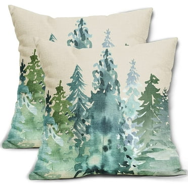 Watercolor Blue Green Tree Pillow Covers 18x18 Set of 2 Rustic Style Nature Forest Print Decorative Throw Pillows Winter Christmas Square Linen Cushion Case for Home Sofa Couch Bed Outdoor