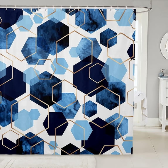 Watercolor Blue Honeycomb Shower Curtain,Golden Hexagon Geometric Print Bath Curtain for Bathroom,Tie Dye Diamond Art Abstract Curtain Waterproof Fabric with Hooks Machine Washable, 72Wx84L inch