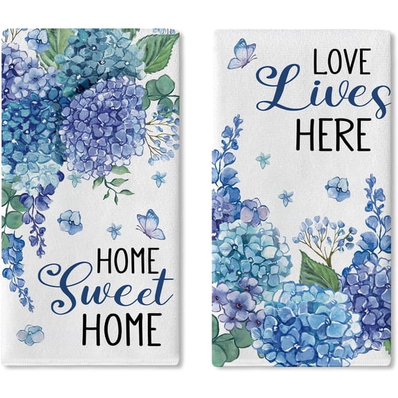 Watercolor Blue Hydrangea Butterfly Kitchen Dish Towels, 18x26 Inch Home Sweet Home Love Lives Here Farmhouse Decor Absorbent Cleaning Towels Set of 2