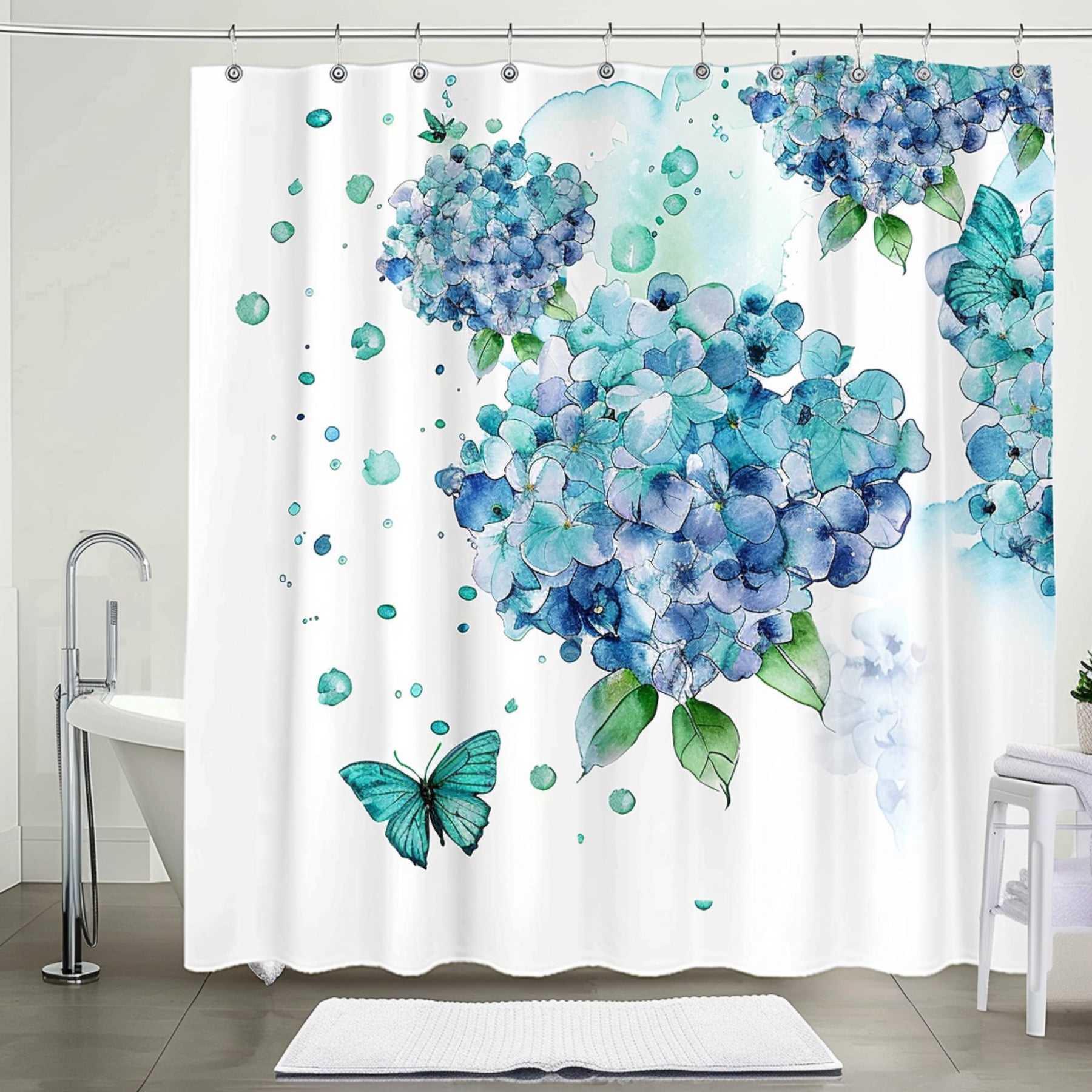 Watercolor Blue Hydrangeas Shower Curtain Modern Style Bathroom Decor