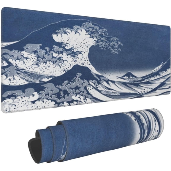 Watercolor Blue Japanese Wave Gaming Mouse Pad XL, Large Non Slip Rubber Mousepad, Stitched Edges Mouse Pads, Long Extended Mice Pad,31.5'''' X 11.8''''