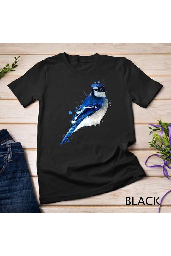Watercolor Blue Jay Bird Artistic Animal Painting Style Graphic Unisex T-Shirt, for men & women, up to size 5XL